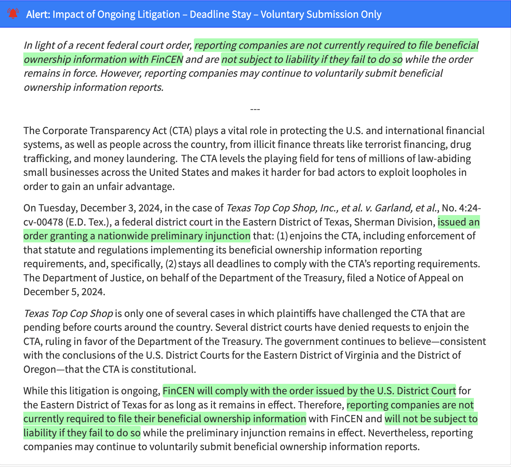 FinCEN's notification about the Texas federal court injunction has green highlights apply to text stating that business owners aren't required to file the BOI Report and won't be penalized for not filing
